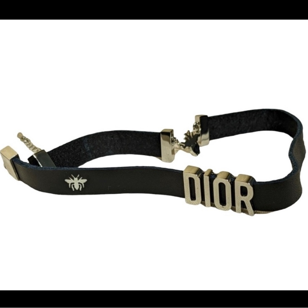 DIOR BEE CALFSKIN LEATHER BRACELET Double Wrap Dark Navy & Silver - Picture 5 of 7